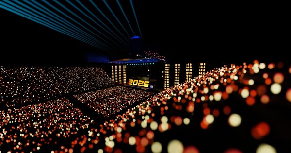 Eurovision stage lights with bold colors and a crowd silhouette