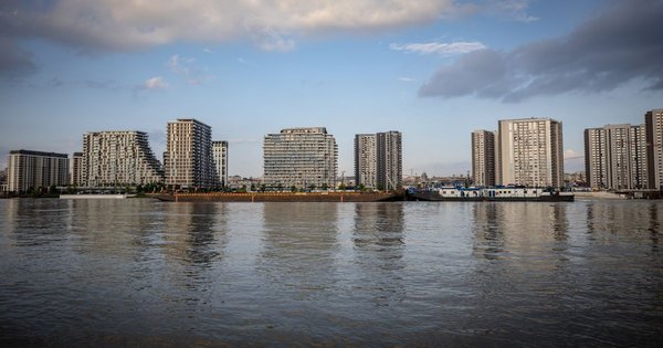 The Belgrade skyline along the Sava River at dusk