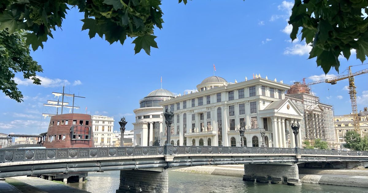 A view of central Skopje with the Vardar river and the Stone Bridge in the foreground