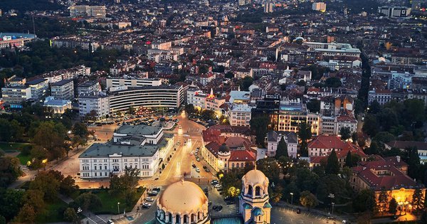 The gold domes of the Alexander Nevsky Cathedral rising over central Sofia, Bulgaria.